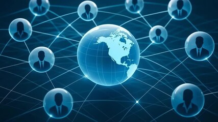 A digital world map showcasing global connectivity with networked people icons illustrating communication and collaboration. - Powered by Adobe