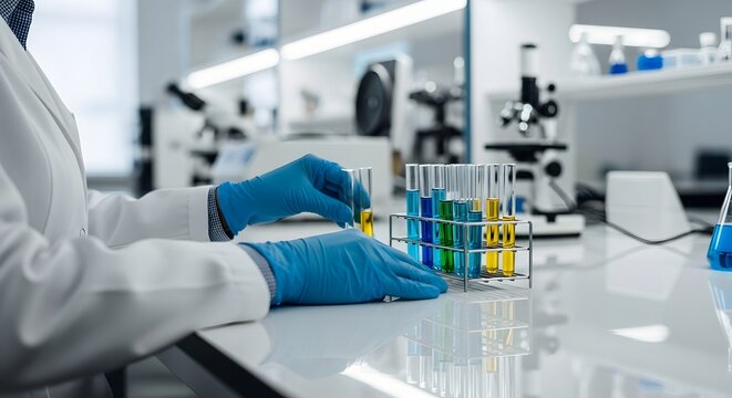 Scientist in lab coat and blue gloves working with colorful test tubes in a modern laboratory setting.
