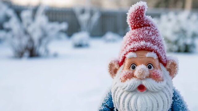 A funny garden gnome gets covered in frost in the winter snow. Close-up of a surprised Christmas decoration freezing in the cold. Humorous holiday concept with copy space