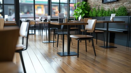 Cozy Modern Coffee Shop Interior with Wooden Floor and Stylish Furniture