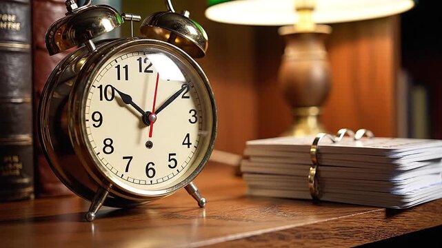 Analog alarm rests on a study shelf, second hand sweeps smooth arcs beside a stack of flashcards
