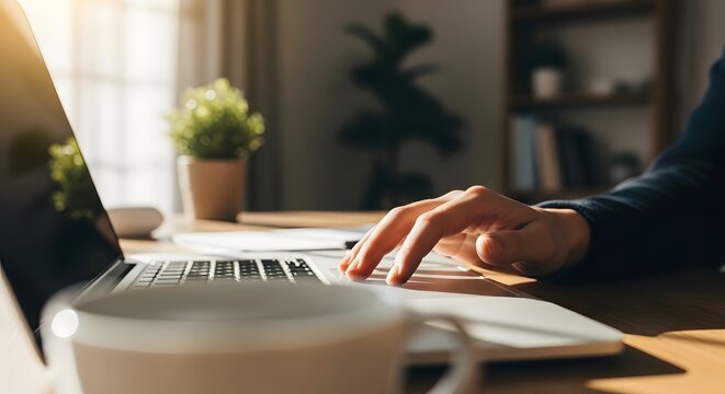Person's hand typing on a laptop keyboard in a sunlit home office with a coffee cup and plant.