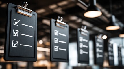 Hanging Clipboards with Blank Checklists and Check Marks in a Modern Office Environment during Daylight Hours