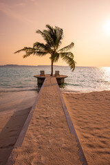 Tranquil closeup calm sea water waves with palm trees. Beautiful sunset panorama. Tropical island beach landscape exotic shore coast. Summer vacation, holiday amazing nature. Relax paradise, Maldives.