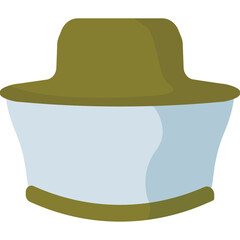 Stylized illustration of a protective hat with a transparent face shield in olive green and light blue colors against a white background