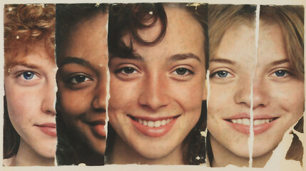 Collage of torn magazine fragments creating a happy 90s teenage girl face with unique features