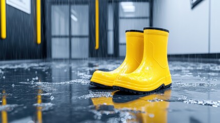 Yellow Rubber Boots on Wet Floor in Modern Indoor Environment with Rain