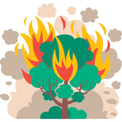 Stylized Illustration of a Tree Engulfed in Flames with Smoke and Fire Elements on a Transparent Background