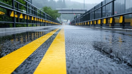 Wet Pathway with Reflections on Pavement Surrounded by Greenery and Fog