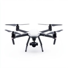 Modern Drone with Four Rotors and Camera on White Background