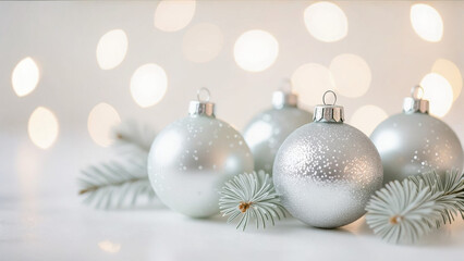 Elegant silver ornaments with glitter on white surface surrounded by evergreen branches and soft bokeh lights. Christmas decoration includes shiny glass balls creating festive atmosphere.