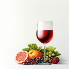 Elegant Glass of Red Wine Surrounded by Fresh Fruits on a White Background