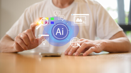 Businessman using smartphone with an ai interface overlayed on the screen AI chatbot on smartphone for customer service and automation technology solution