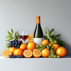 Fresh Fruits and Wine Composition with Oranges, Grapes, and Berries