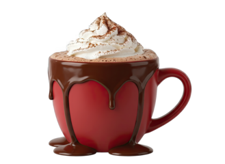 A Delicious Red Mug Filled With Hot Chocolate Topped With Whipped Cream And Chocolate Sprinkles Isolated On A Transparent Background