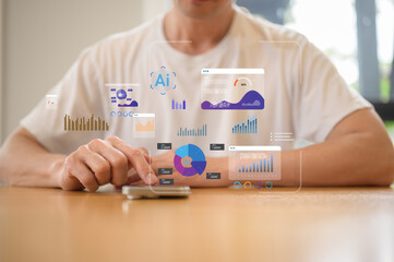 Businessman using smartphone with an ai interface overlayed on the screen AI chatbot on smartphone for customer service and automation technology solution