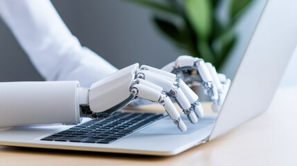 Robotic Hand Typing on Laptop with Green Plant in Background