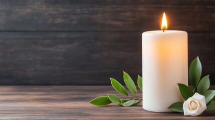 Peaceful White Candle with Flame and Green Leaves on Wooden Surface