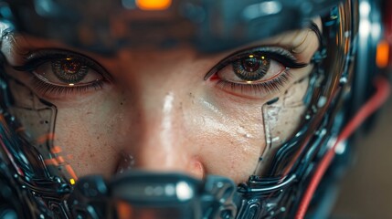 Eye to Eye in Cyber Armor: A close-up shot of a person's intense gaze piercing through the futuristic visor of their cybernetic armor, evoking a sense of technological marvel and determined focus.