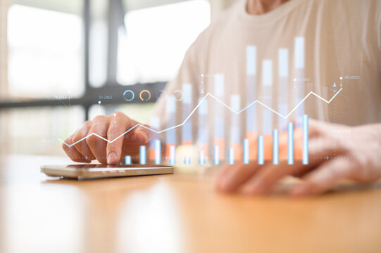 Businessman using smartphone with an ai interface overlayed abstract data visualizations and charts floating analyzing financial data and performance charts, representing growth and success. Impute