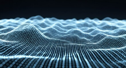 Abstract blue glowing particle grid undulating like water waves