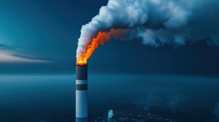 Emission from Industrial Chimney at Dusk with Bright Orange Flames and Smoke