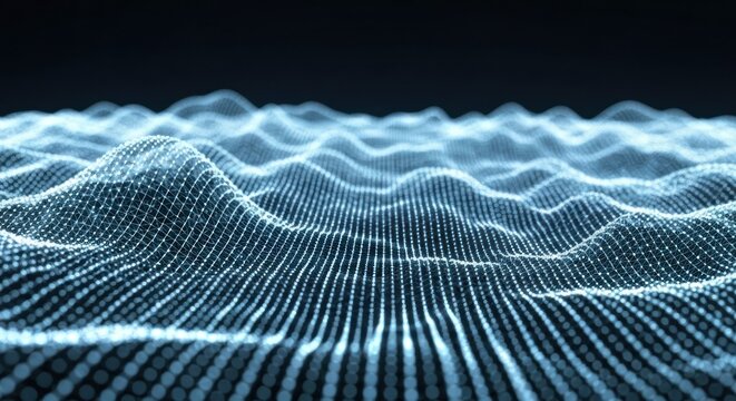 Abstract blue glowing particle grid undulating like water waves