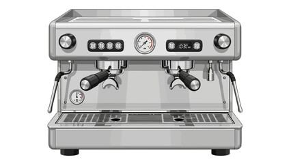 A detailed frontfacing pixelated illustration of a silver dualgroup espresso machine