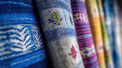 Fototapeta premium Colorful textile patterns showcasing intricate embroidery on blue and vibrant fabric rolls arranged in creative display for fashion and design inspiration