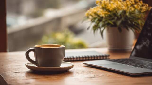 Cozy workspace with a cup of coffee, laptop, and notepad on a wooden table, surrounded by greenery and flowers, inviting atmosphere for productivity and creativity