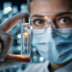 Scientist Holding Glass Vial Laboratory Equipment Blurred Behind Bright LED Lighting Science Commercial Style Research Test Tube Biomedical Analysis