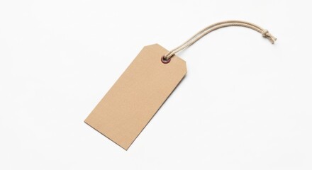 Blank brown tag with string, lying diagonally on a white surface
