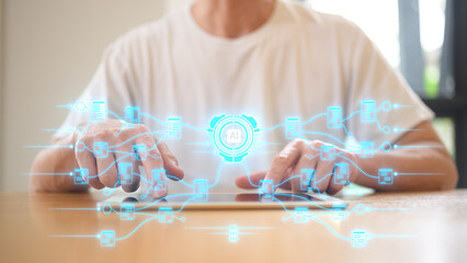 Businessman using digital tablet and virtual screen with an ai interface overlayed on the screen AI chatbot on smartphone for customer service and automation technology solution