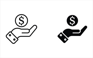 A hand holding a coin with a dollar sign symbol, representing the concept of money exchange, financial transactions, savings, income, and payments, illustrated with solid vector icons and lines.