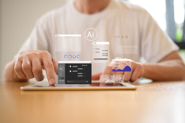 Businessman using digital tablet with an ai interface overlayed on the screen AI chatbot on smartphone for customer service and automation technology solution