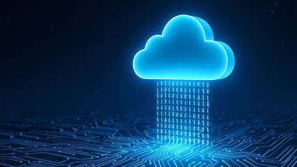A glowing blue cloud icon with data streams, symbolizing cloud computing and internet technology in modern digital environments. - Powered by Adobe