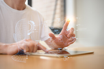 Businessman using digital tablet and virtual screen with an ai interface overlayed on the screen AI chatbot on smartphone for customer service and automation technology solution