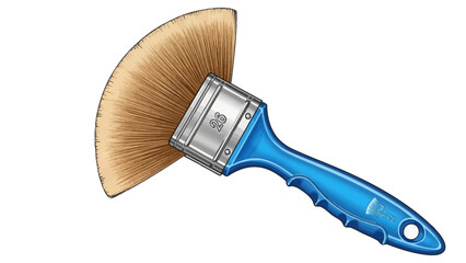 A fanshaped paintbrush with a blue handle and silver ferrule