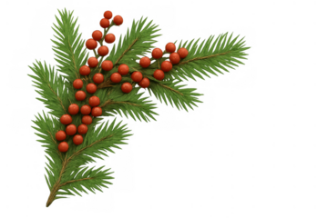 Pine branch with vibrant red berries and green needles creating a festive winter holiday decoration. Transparent background