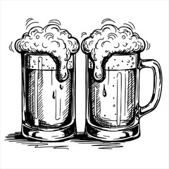 Two vintage hand drawn beer mugs with overflowing foam. Brew pub concept. Vector illustration for bar menu, festival invitation, poster