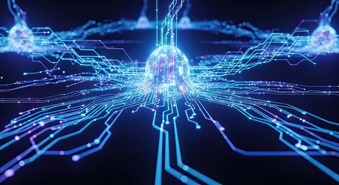 Dynamic digital network of glowing blue and purple circuits pulsing with vibrant energy, symbolizing interconnectedness and advanced technological innovation flowing into a central illuminated sphere.