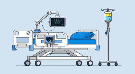 An illustration of a hospital bed with a monitor displaying a heartbeat, and an IV drip bag, all against a light blue background.