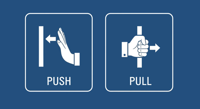 Illustration showing "Push" and "Pull" door signs, with hand gestures indicating the correct action, set against a blue background.