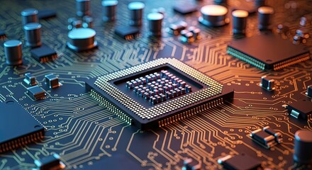 Stunning close up of a modern computer processor and intricate circuit board bathed in warm, dynamic lighting, showcasing complex technology and innovation.