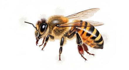 Detailed drawing of a honey bee in profile, isolated on a white backdrop