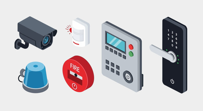 Isometric illustration showcasing various security system components including a surveillance camera, motion sensor, fire alarm, control panel, and digital door lock.