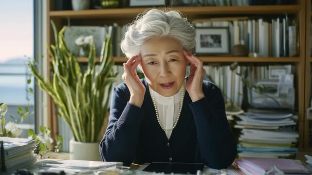 女性が在宅の書斎で熟考し頭を押さえる