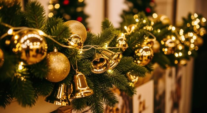 Festive golden christmas decorations with bells and lights on evergreen garland