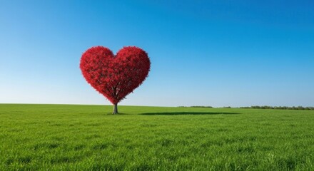 Heart-shaped red tree in green field against bright blue sky, idyllic