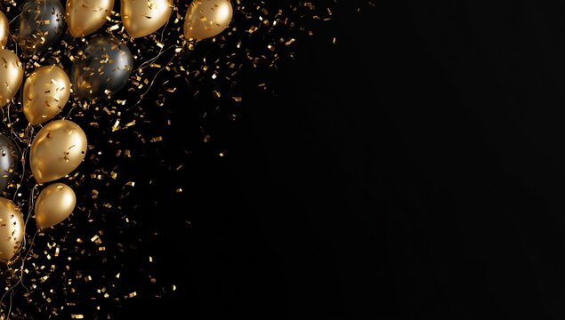 black background with golden balloons and confetti on the right side, empty space in the center for text Generative AI